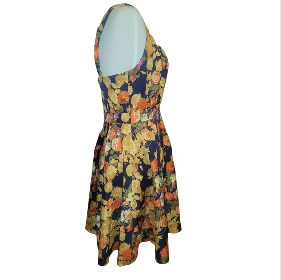 Garden Party Floral roses Sleeveless a line Dress navy yellow cream orange M 6/8 - Picture 3 of 6